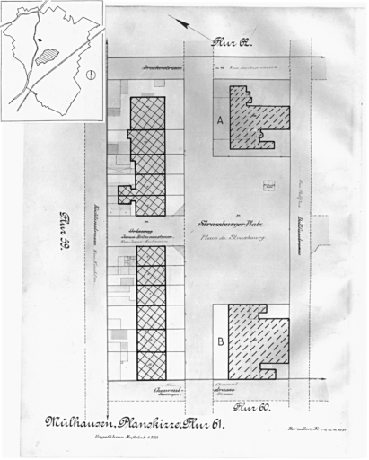 Plan cadastral de 1905, avec la situation des édifices inventoriés. Extrait de la section 61. Edifice étudié : la cité ouvrière.