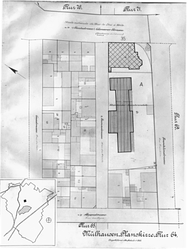 Plan cadastral de 1905, avec la situation des édifices inventoriés. Extrait de la section 64. A : école maternelle, 6 rue Franklin. Maison, 35 avenue de Colmar.