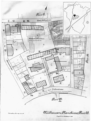 Plan cadastral de 1905, avec la situation des édifices inventoriés. Extrait de la section 68. A : Usine Hofer. B : sous-préfecture. C : école primaire supérieure des filles (actuelle C.E.S. Kennedy). D : chapelle évangélique. E : église réformée de Mulhouse, chapelle et foyer, 12 rue Engel-Dollfus et 18 rue d'Alsace. F : école Institut International des Transports, 12 rue d'Alsace. G : monument commémoratif de Jacques Koechlin et square. H : hospice, 16 rue Engel-Dollfus (détruit). K : école (détruite).