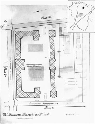 Plan cadastral de 1905, avec la situation des édifices inventoriés. Extrait de la section 83. Edifice étudié : caserne Lefebvre.