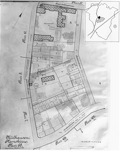 Plan cadastral de 1905, avec la situation des édifices inventoriés. Extrait de la section 68. A : clinique du Diaconat, maison au 6a boulevard du Président Roosevelt.