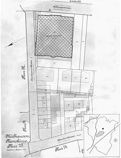 Plan cadastral de 1905, avec la situation des édifices inventoriés. Extrait de la section 73. A : tribunal de Grande Instance, avenue Robert Schumann.