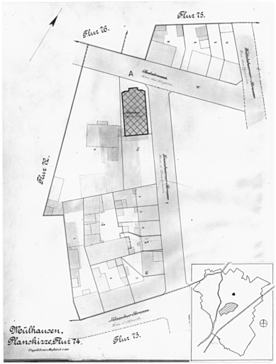 Plan cadastral de 1905, avec la situation des édifices inventoriés. Extrait de la section 74 : temple de méthodiste, dit église Tabor, 47 rue des Vergers.