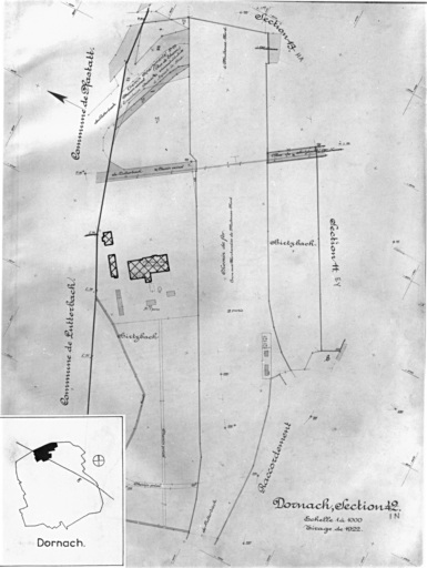 Plan cadastral de 1905, avec la situation des édifices inventoriés. Extrait de la section IN, Dornach : station élévatoire de Hirtzbach.