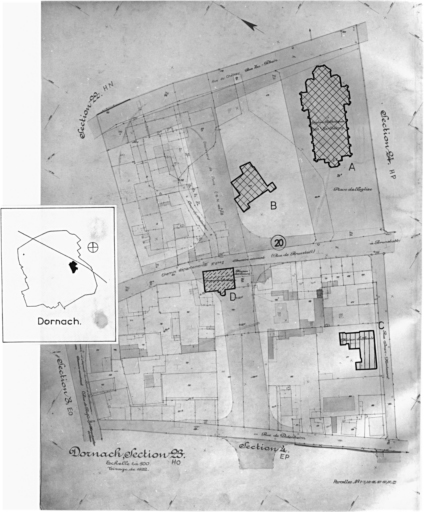 Plan cadastral de 1905, avec la situation des édifices inventoriés. Extrait de la section HO, Dornach. A : église paroissiale Saint-Barthélemy. B : château des Zu-Rhein, 20rue de Brunstatt. C : école primaire. D : presbytère détruit.