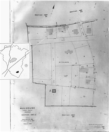 Plan cadastral de 1905, avec la situation des édifices inventoriés. Extrait de la section DI. A : belvédère.