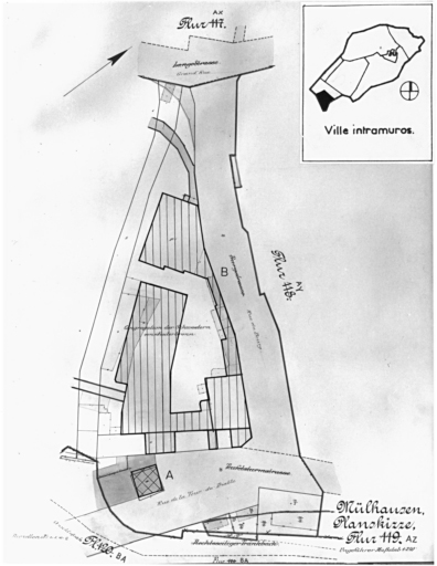 Plan cadastral de 1905, avec la situation des édifices inventoriés. Extrait de la section AZ. A : tour du diable. B : Clinique de la Congrégation des soeurs du Très Saint Sauveur, rue du bourg.