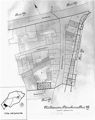 Plan cadastral de 1905, avec la situation des édifices inventoriés. Extrait de la section AY. Maison, 2 rue du Bourg.