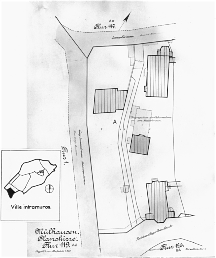 Plan cadastral de 1905, avec la situation des édifices inventoriés. Extrait de la section AZ. A : Clinique de la Congrégation des soeurs du Très Saint Sauveur.