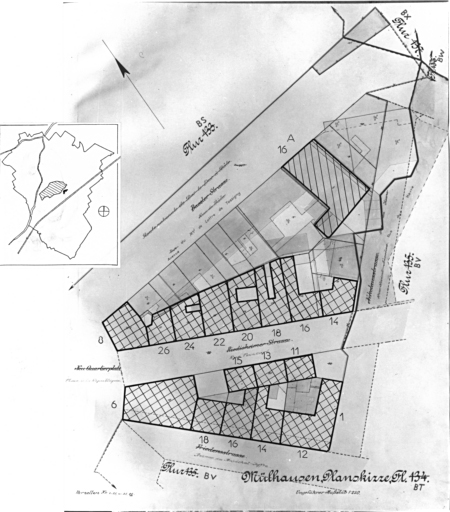 Plan cadastral de 1905, avec la situation des édifices inventoriés. Extrait de la section BT. Nouveau quartier. A : atelier de confection, 16 avenue du Maréchal de Lattre de Tassigny.