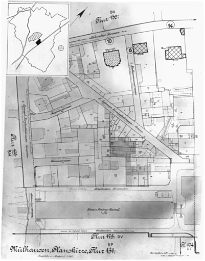 Plan cadastral de 1905, avec la situation des édifices inventoriés. Extrait de la section BP. Villas 14 avenue Clemenceau, 6 rue Sainte-Catherine. Villa 10 avenue Clemenceau, détruite ne 1974.