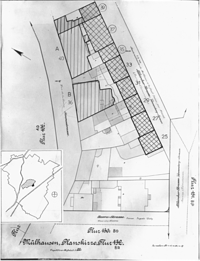 Plan cadastral de 1905, avec la situation des édifices inventoriés. Extrait de la section BR. A : banque CIAL. B : banque CAM. Maisons 35, 37 et 39 avenue Clemenceau (Nouveau quartier).