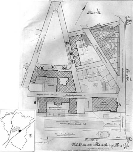 Plan cadastral de 1905, avec la situation des édifices inventoriés. Extrait de la section BV. A : musée de l'Impression sur Etoffes. B : Poste, détruite (il subsiste une aile rue J.J. Henner). Hôtel de la Société Industrielle, 6, 8, 10, 12 rue de la Bourse - 6, 8, 10 avenue du Maréchal Joffre/