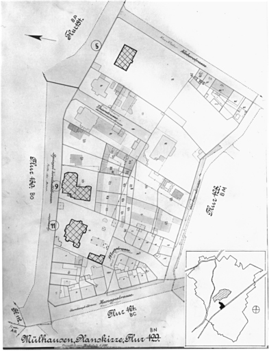 Plan cadastral de 1905, avec la situation des édifices inventoriés. Extrait de la section BN. Villas No 5, 9 et 11 porte du Miroir.