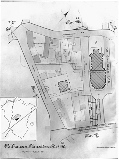 Plan cadastral de 1905, avec la situation des édifices inventoriés. Extrait de la section BO. A : église paroissiale Saint-Etienne. Villa 10B porte du Miroir. B : rue Magenta.