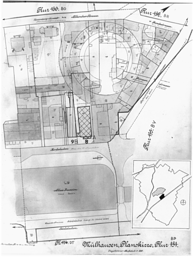 Plan cadastral de 1905, avec la situation des édifices inventoriés. Extrait de la section BP. A : Chambre de Commerce, 8 rue du 17 Novembre. B : bureaux de la société commerciale C.G.E., 9 rue du 17 Novembre.