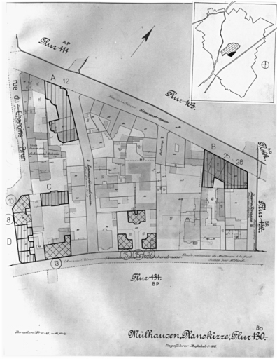 Plan cadastral de 1905, avec la situation des édifices inventoriés. Extrait de la section BO. A : banque CCF, 12 rue de la Sinne. B : Hôtel du Parc, 26-28 rue de la Sinne. C : école Jeanne d'Arc. D : rue Magenta. Maisons No 8 rue Magenta, 10 rue Magenta (presbytère Saint Etienne), 13 avenue Clemenceau (école Jeanne d'Arc), 15, 15a, 17 avenue Clemenceau.