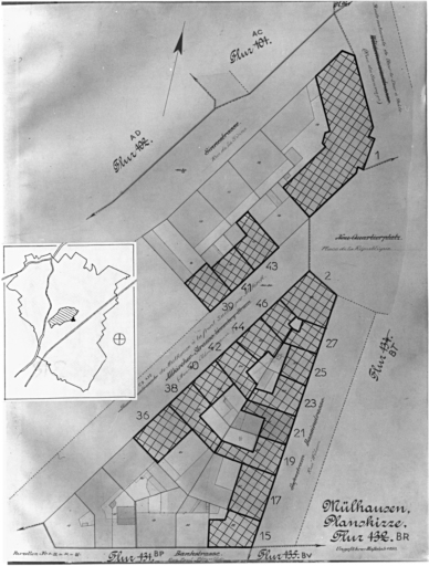 Plan cadastral de 1905, avec la situation des édifices inventoriés. Extrait de la section BR. Nouveau quartier.