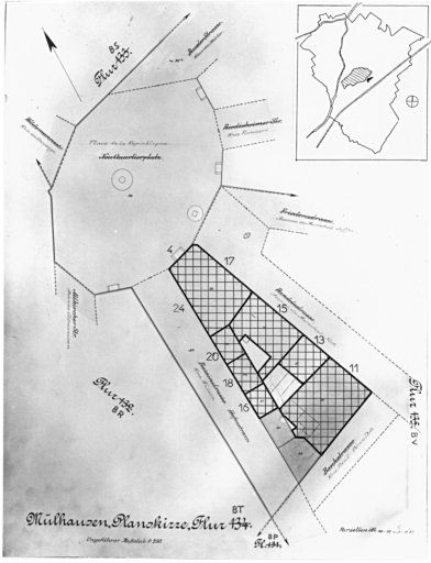 Plan cadastral de 1905, avec la situation des édifices inventoriés. Extrait de la section BT. Nouveau quartier.