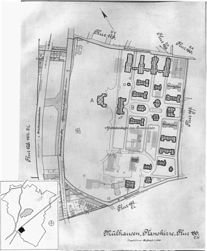 Plan cadastral de 1905, avec la situation des édifices inventoriés. Extrait de la section EK. A : villa André Koechlin (étudiée). B : Hôpital du Hasenrain (repéré). En A : la tourelle d'observation.