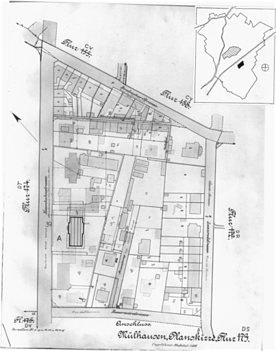 Plan cadastral de 1905, avec la situation des édifices inventoriés. Extrait de la section DS. A : Bureau de l'exploitation du chemin de fer (actuellement école nationale de musique), 39 boulevard Alfred Wallach.