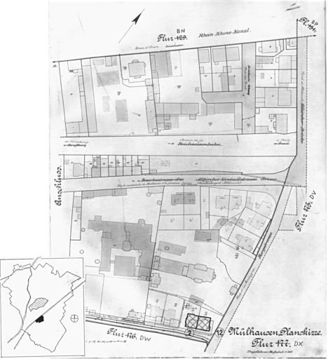 Plan cadastral de 1905, avec la situation des édifices inventoriés. Extrait de la section DX. Maison, 12 rue de la Montagne, 2 rue Lafayette.