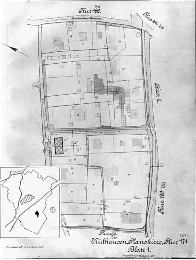 Plan cadastral de 1905, avec la situation des édifices inventoriés. Extrait de la section DP. Maison, 11-11b rue de l'Argonne.