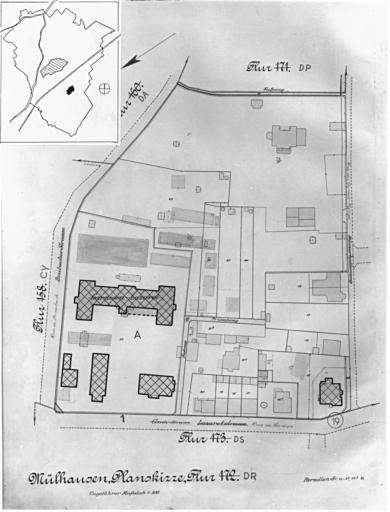 Plan cadastral de 1905, avec la situation des édifices inventoriés. Extrait de la section DR. A : Lazaret, 1 rue de Verdun (actuellement L.E.P du bâtiment). Villa, 19 rue de Verdun.