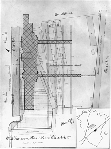 Plan cadastral de 1905, avec la situation des édifices inventoriés. Extrait de la section DT. A : Gare centrale.