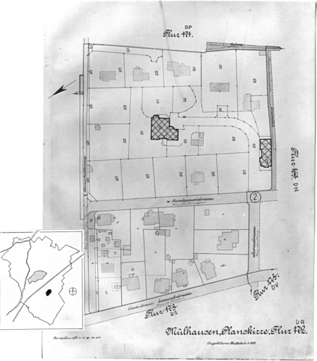 Plan cadastral de 1905, avec la situation des édifices inventoriés. Extrait de la section DR. Edifice étudié : 2 rue du Sundgau.