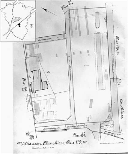 Plan cadastral de 1905, avec la situation des édifices inventoriés. Extrait de la section DV. A : centre de tri postal, avenue du Général Leclerc.