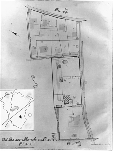 Plan cadastral de 1905, avec la situation des édifices inventoriés. Extrait de la section DP. A : réservoir supérieur, rue de l'Argonne.