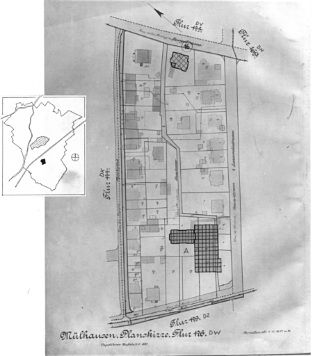 Plan cadastral de 1905, avec la situation des édifices inventoriés. Extrait de la section DW. A : église et chapelle du Sacré-Coeur, rue du Verdun. Villa, 16 rue de la Montagne.