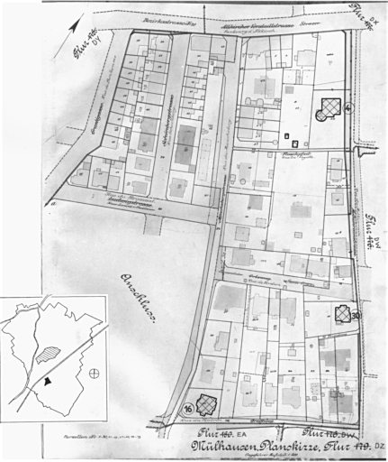 Plan cadastral de 1905, avec la situation des édifices inventoriés. Extrait de la section DZ. Villas, 4 rue du Molkenrain et 30 rue du Molkenrain, 16 rue du Ventron.