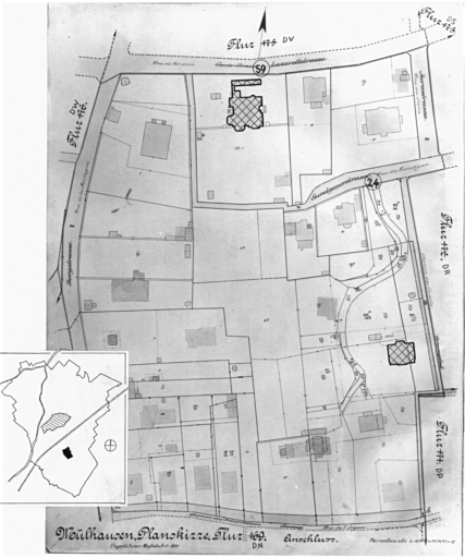 Plan cadastral de 1905, avec la situation des édifices inventoriés. Extrait de la section DN. Villas, 59 rue de Verdun, 24 rue du Sundgau.