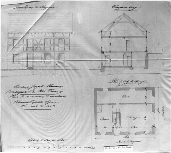 Auberge, 83 rue de la première division blindée. Plan du rez-de-chaussée, coupe en large, façade sur la Berggasse.