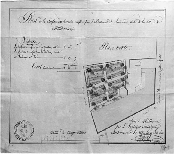 Plan de la surface du terrain occupé par les bâtiments et jardin des écoles de la ville.