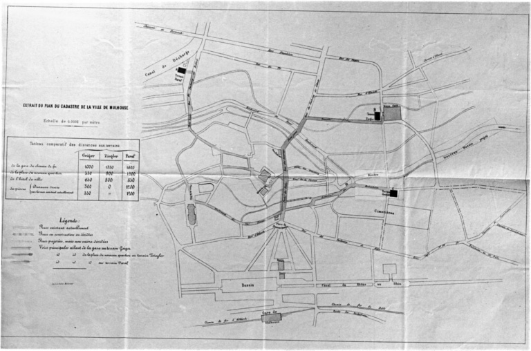 Plan de situation des différents terrains proposés pour le tribunal : extrait du plan du cadastre de Mulhouse.