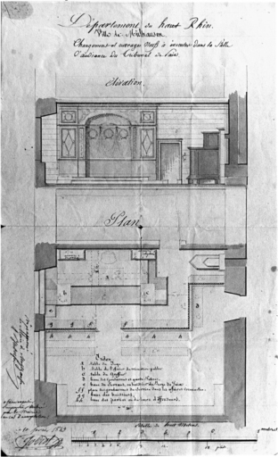 Plan et élévations des changements dans la salle d'audience du tribunal de paix (bâtiment postérieur, premier étage).