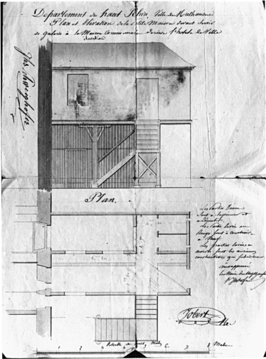 Plan et élévation de la maison devant servir de galerie à la maison commune derrière l'hôtel de ville.