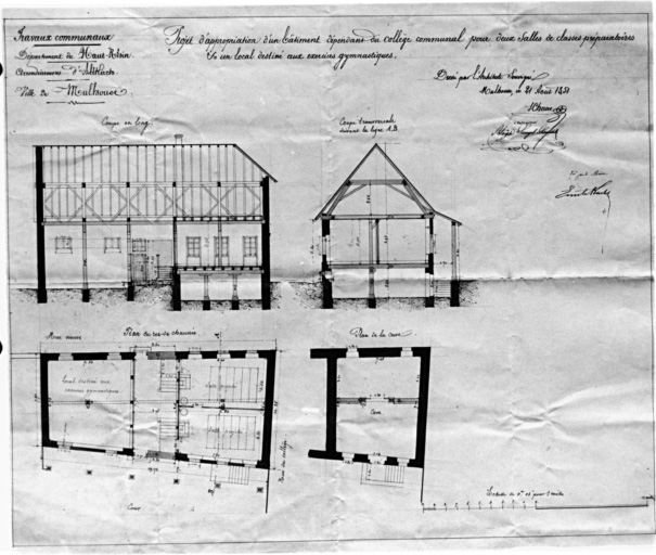 Projet d'appropriation d'un bâtiment : plan de la cave, coupes.