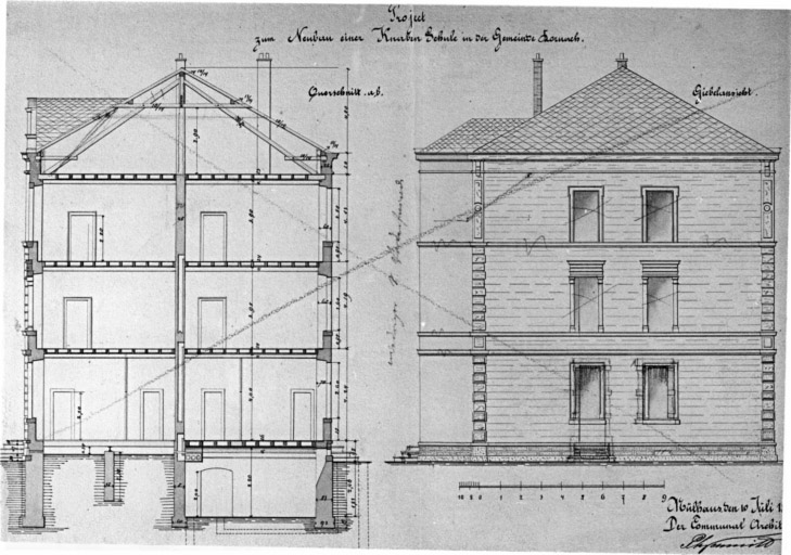 Projet pour une école de garçons. Coupe transversale et élévation latérale.