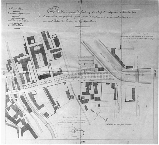 Plan d'une partie du faubourg de Belfort indiquant le terrain proposé à la construction d'un nouveau palais de justice.