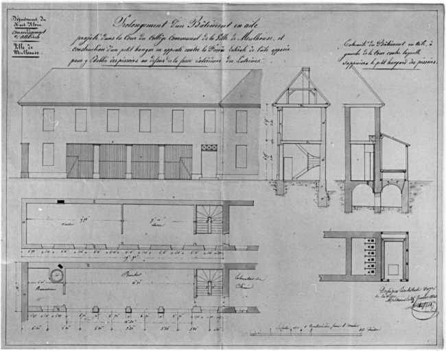 Prolongement d'un bâtiment et construction d'un petit hangar : plan, coupes, élévation.