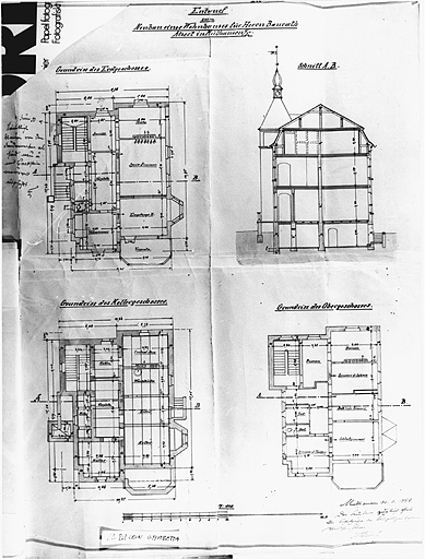 Plans du sous-sol, du rez-de-chaussée, de l'étage, coupe.