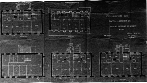 Plans de la cave, du rez-de-chaussée, du premier étage, du deuxième étage et du comble.