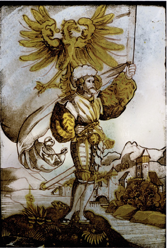 7 panneaux de verrière (série) : homme en armes, écu armorié, style néo-Renaissance