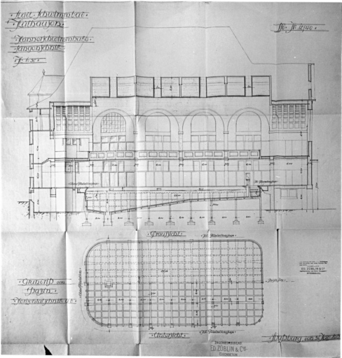 Bassin des hommes : plan du bassin, coupe longitudinale.