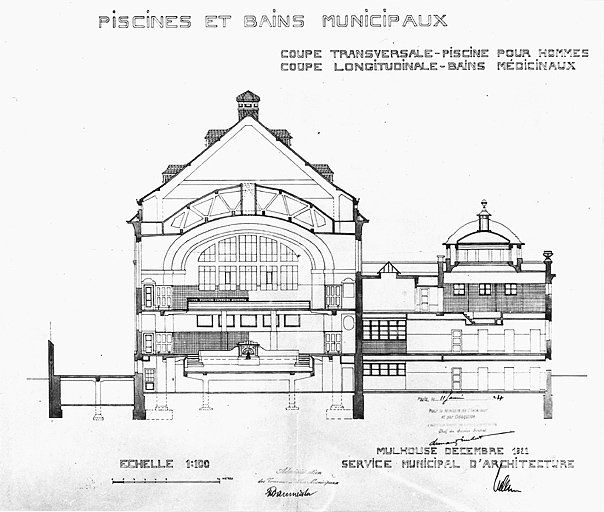 Coupe transversale de la piscine pour hommes et coupe longitudinale des bains municipaux.