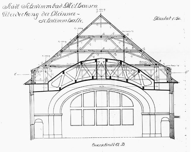 Coupe transversale de la charpente du bassin des hommes.